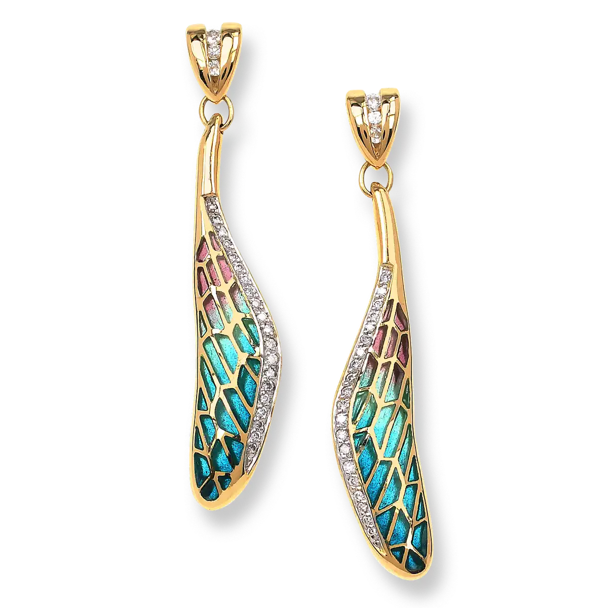 Turquoise Plique-a-Jour Dragonfly Post Earrings. 18K -Diamonds 