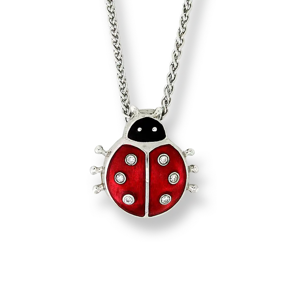 Red Ladybug Necklace. Sterling Silver-White Sapphire