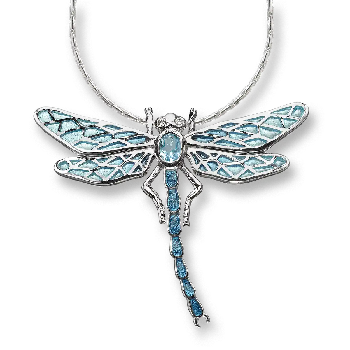 Blue Plique-a-Jour Dragonfly Necklace. Sterling Silver-White Sapphire and Blue Topaz 