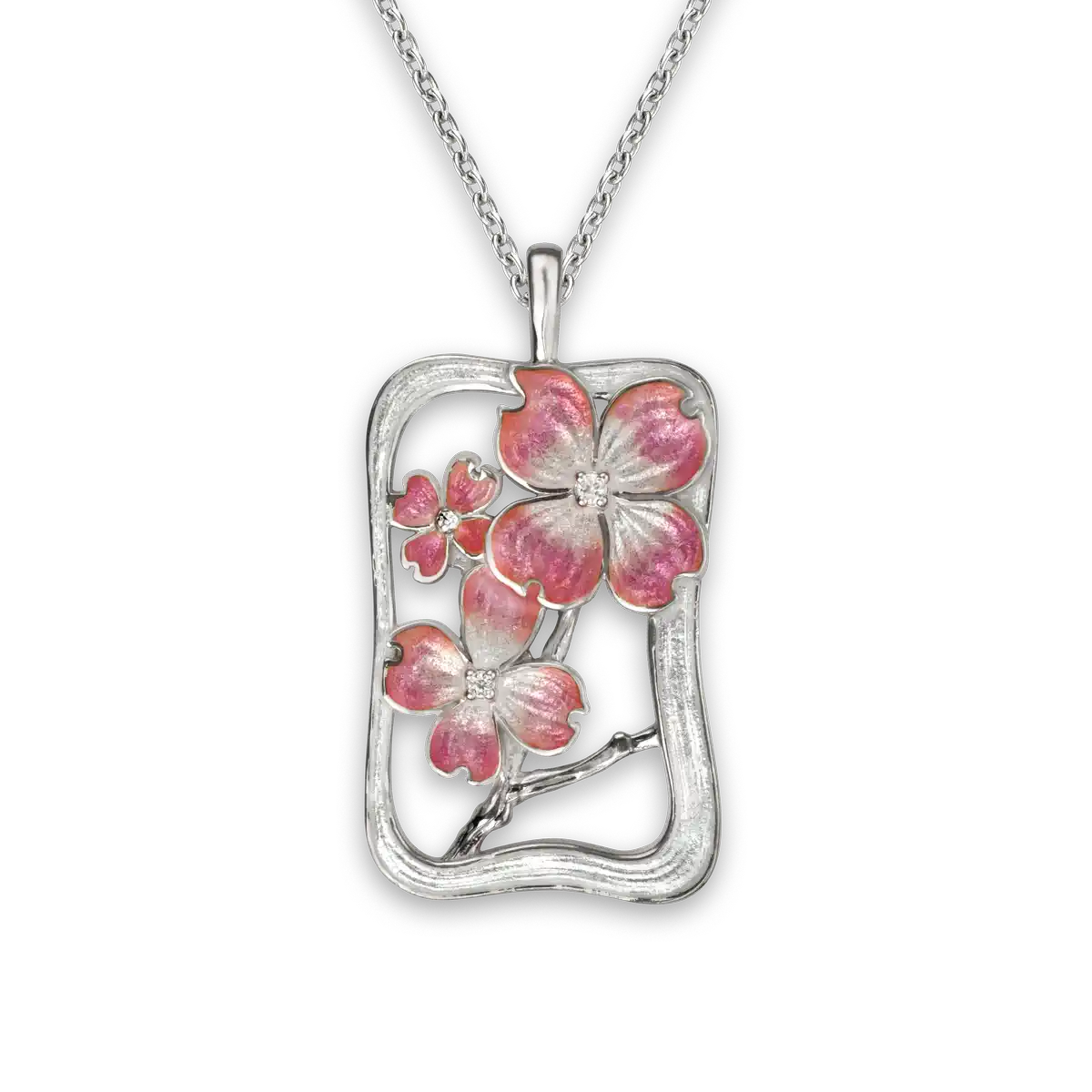 Pink Dogwood Necklace Sterling Silver -White Sapphires