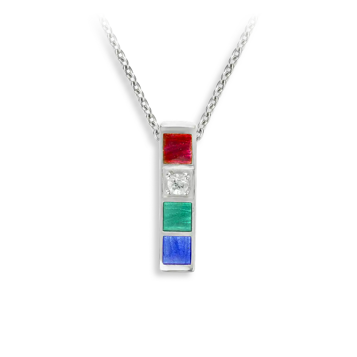 Multi Color Rectangular Cubic Necklace. Sterling Silver