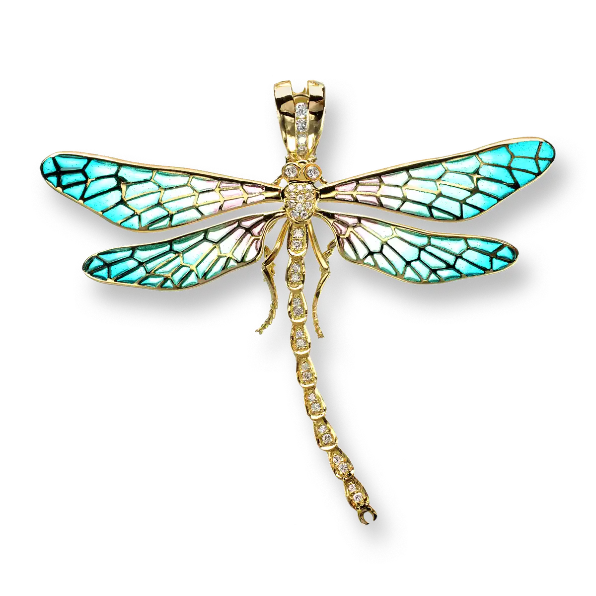 Turquoise Plique-a-Jour Dragonfly Pendant. 18K 