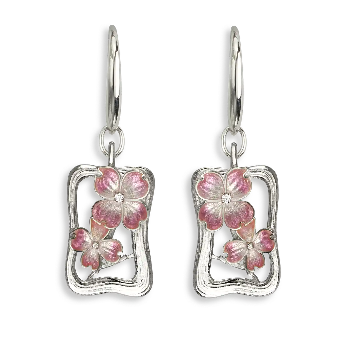 Pink Dogwood Wire Earrings.  Sterling Silver-White Sapphires 